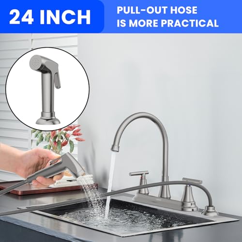 HURRAN 2-Handle Kitchen Faucet with Pull-Out Side Sprayer, 8 Inch High Arch Stainless Steel 360°Rotating Kitchen Sink Faucet, 4 Hole Faucet for Kitchen Bar Rv Camper, Nickel - Image 4