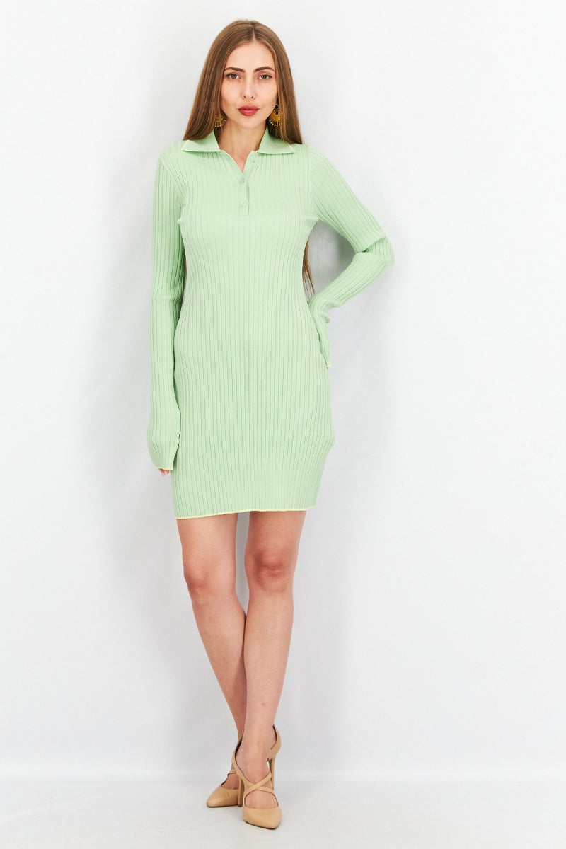 NA-KD Women Spread Collar Long Sleeve Ribbed Mini Dress, Green - Image 3