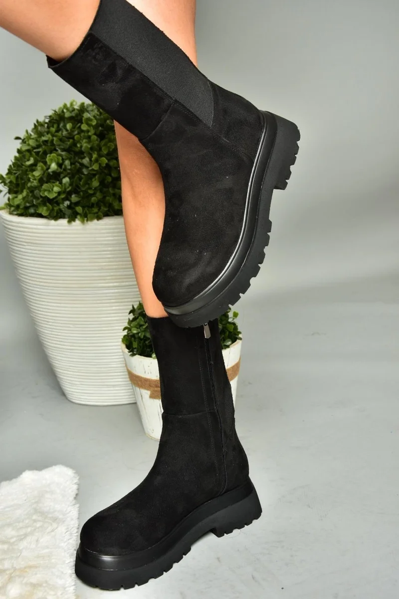 Fox Shoes R267043102 Black Suede Stretch Thick Soled Women's Boots