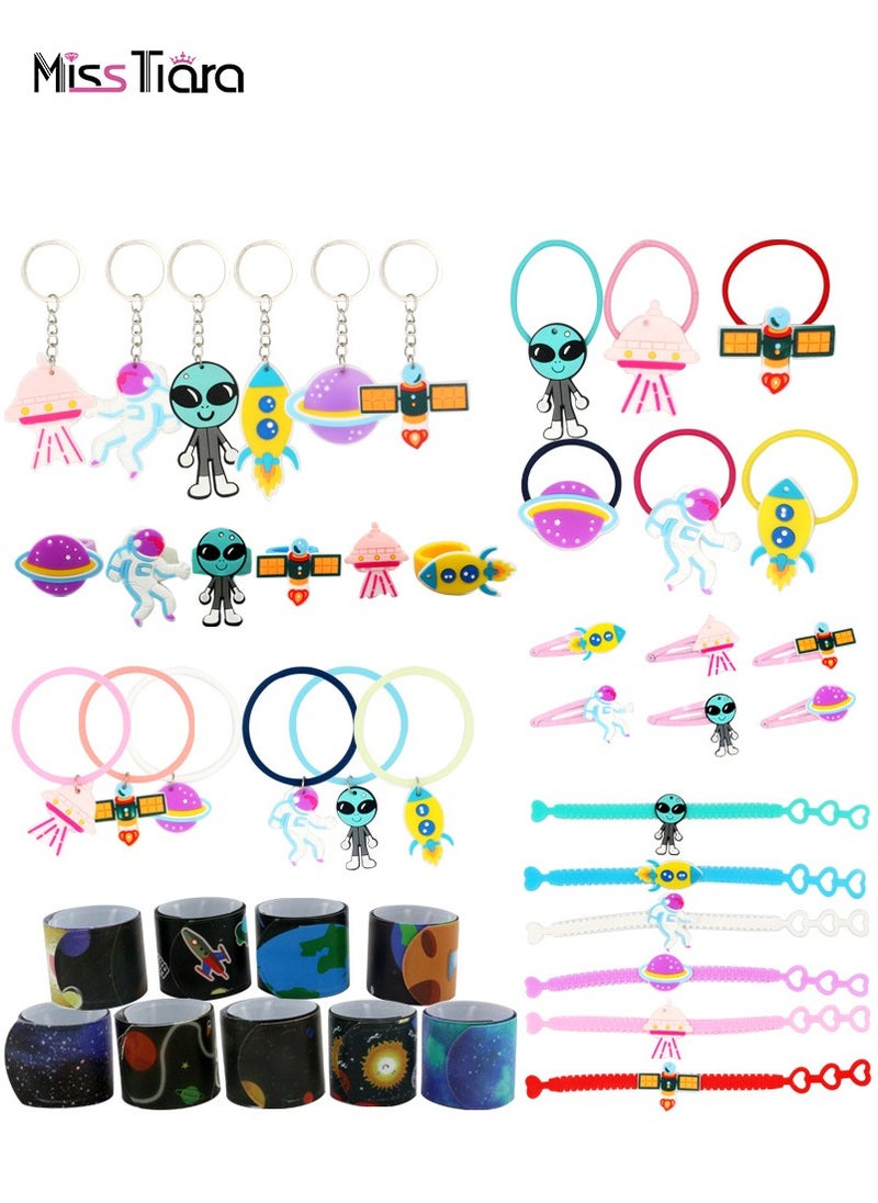MissTiara New Rocket Spaceship Astronaut Space Party Favor Set, Hair Tie Ring Key Chain Barrette and Pop Ring, Perfect Gift, Very Novelty Party Favor Set  - Image 1