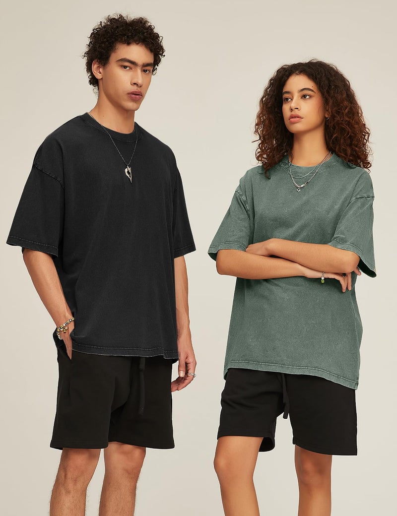 Flygo 3 Pack Men Oversized T Shirts Acid Washed Unisex Tee Loose Fit Short Sleeve Casual Streetwear Baggy Basic Tops(Black+Grey+ArmyGreen 3XL) - Image 4