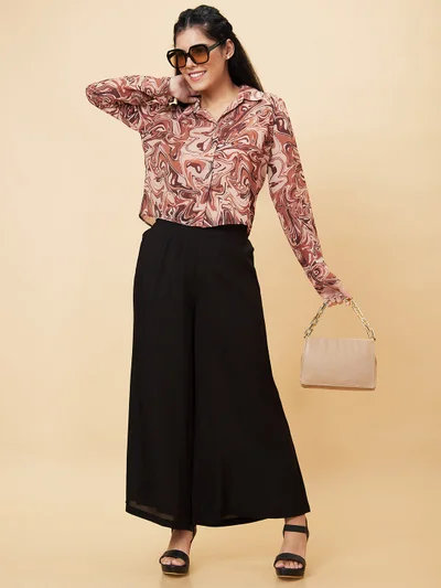 globus Women Brown Abstract Printed Georgette Shirt Style Crop Top