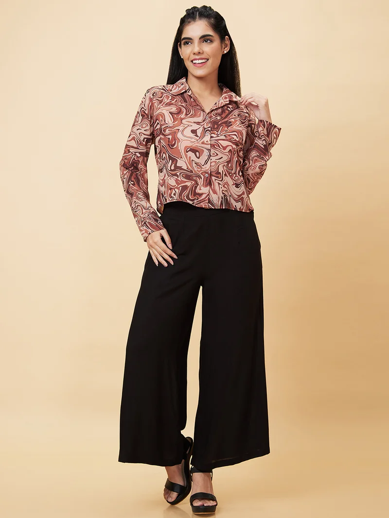 جلو باص Women Brown Abstract Printed Georgette Shirt Style Crop Top