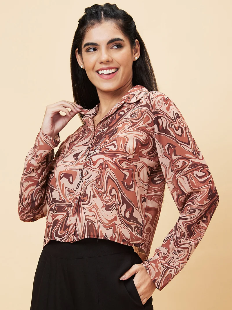 جلو باص Women Brown Abstract Printed Georgette Shirt Style Crop Top