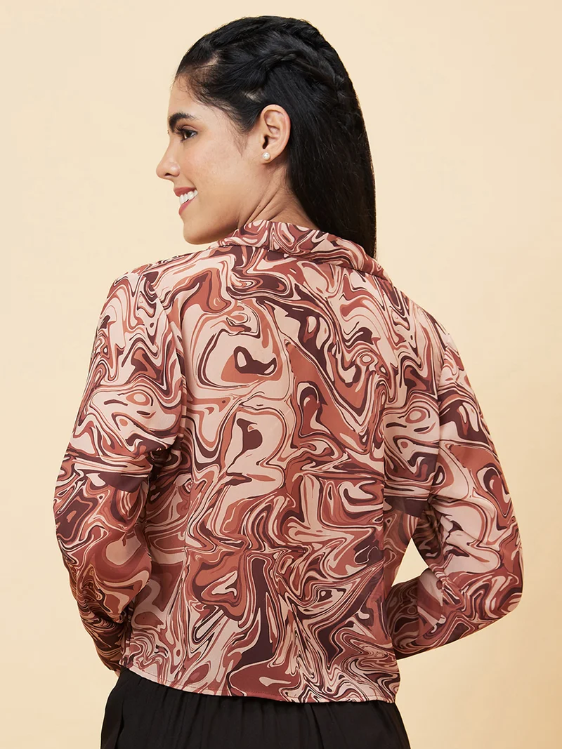 جلو باص Women Brown Abstract Printed Georgette Shirt Style Crop Top