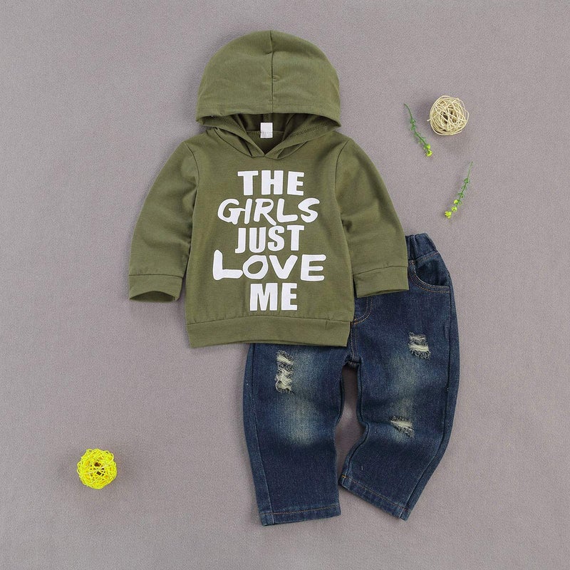 fhutpw Toddler Baby Boy Outfits Hoodie Sweatshirts & Jeans Clothes Set Fall Winter 6 9 12 18 24 Months (A-Green, 12-18 Months) - Image 2