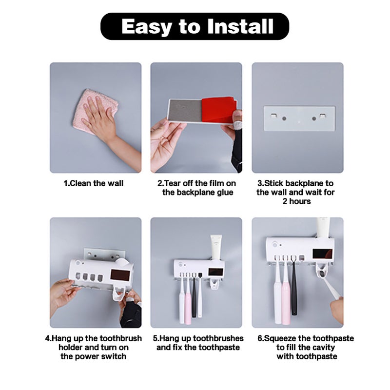 حامل تطهير فرشاة الأسنان بأشعة فوق البنفسجية مع منظم فرشاة الأسنان المُركب على الحائط ومدخر معجون الأسنان التلقائي بالطاقة الشمسية القابل لإعادة الشحن - Image 3