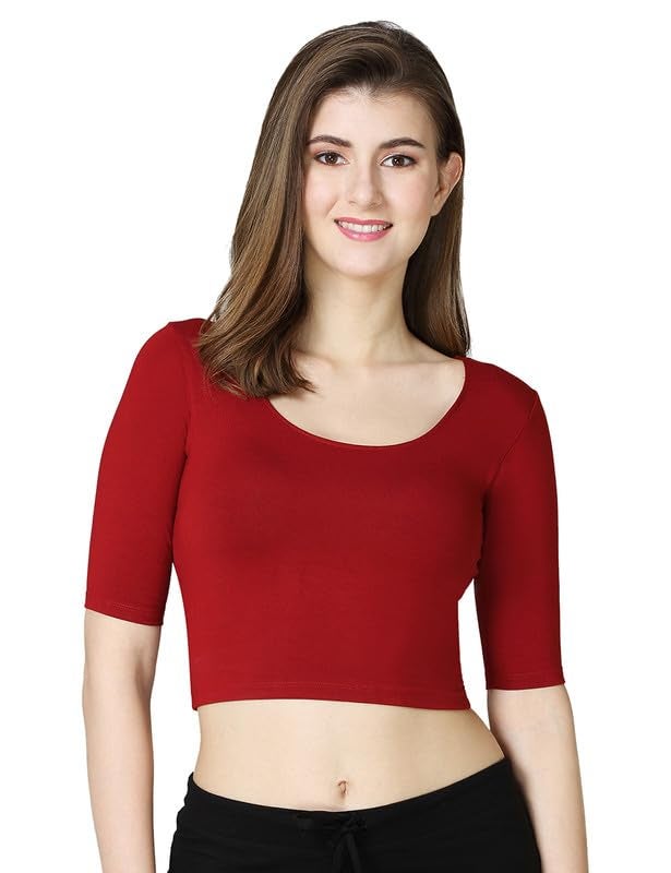 VSTAR Women's Viscose Perfect Half Sleeve Close Back Neck Readymade Crop Top_Comfy Blouse (N) Maroon - Image 1