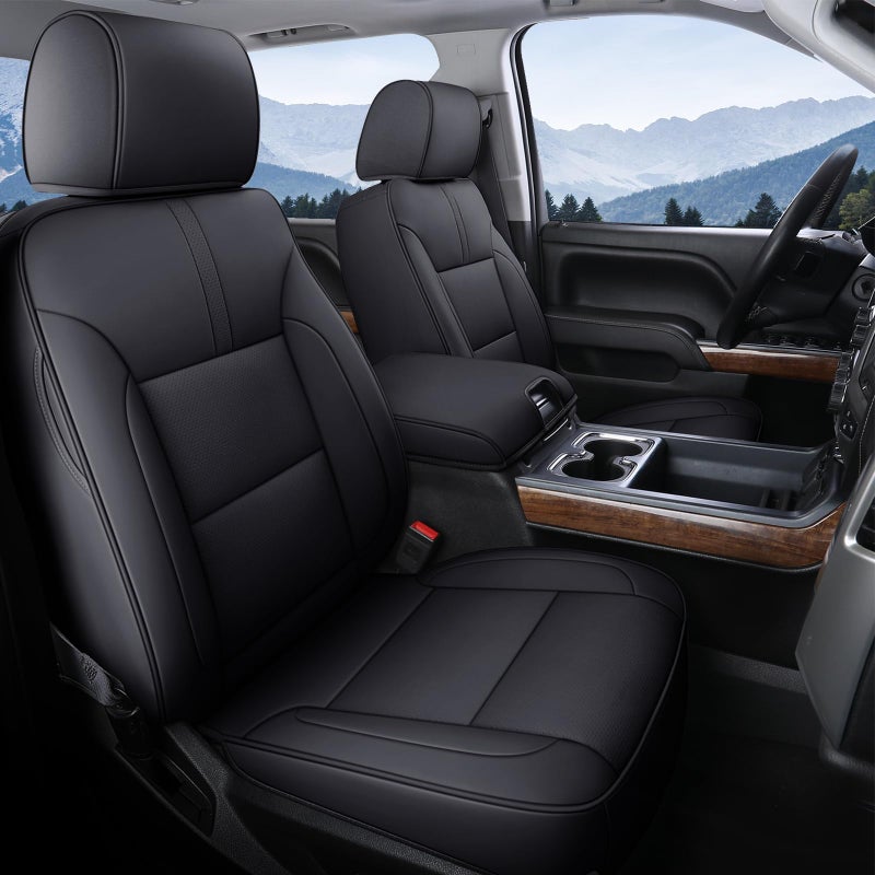 Coverado Chevy Silverado Seat Covers, Faux Leather Seat Covers Fit for Chevy Silverado GMC Sierra 2007-2025 1500, 2015-2025 2500HD 3500HD Crew Double Extended Cab (Front, Black) - Image 1