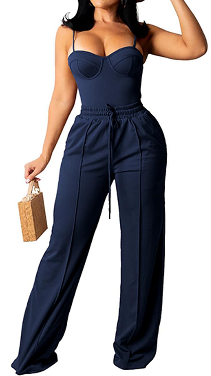 PINSV Women's Casual Wide Leg Pants High Waisted Drawstring Baggy Sweatpants Elastic Straight Leg Lounge Pants Navy Blue XXL - Image 2