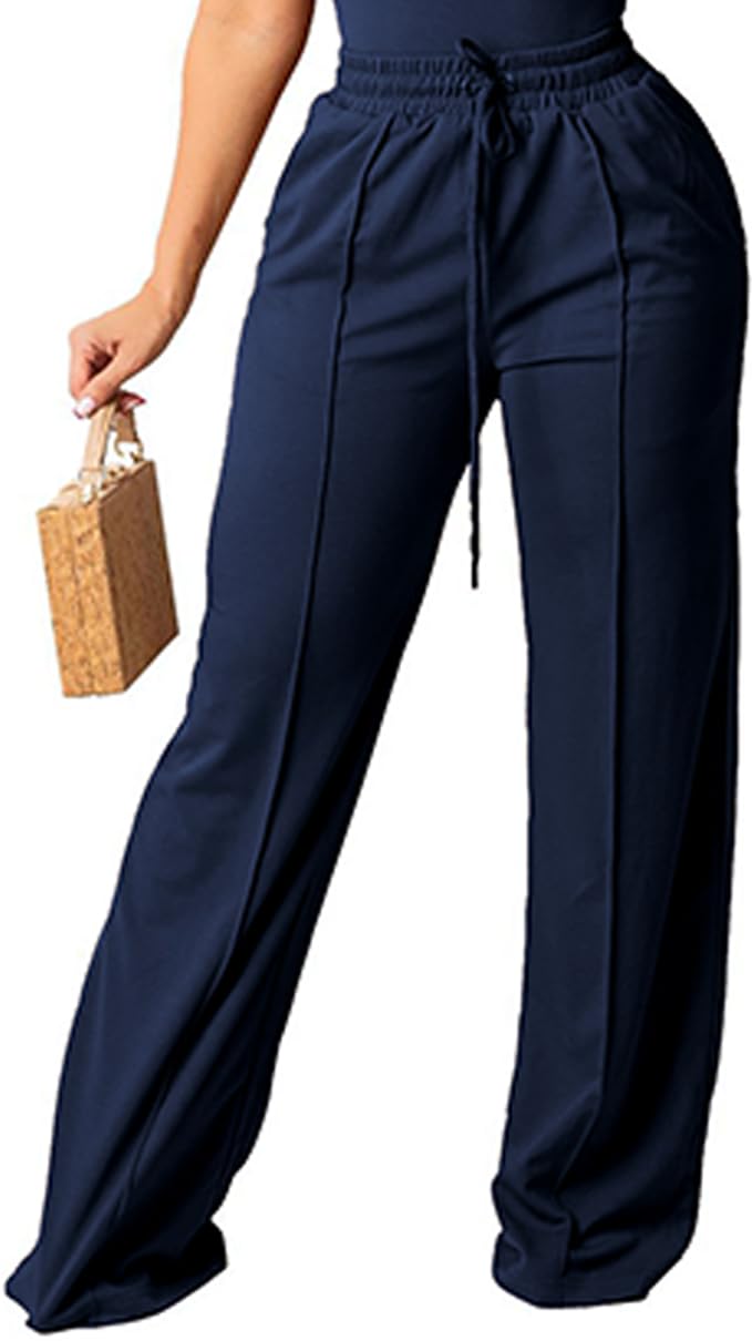 PINSV Women's Casual Wide Leg Pants High Waisted Drawstring Baggy Sweatpants Elastic Straight Leg Lounge Pants Navy Blue XXL - Image 1
