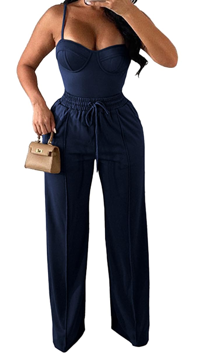 PINSV Women's Casual Wide Leg Pants High Waisted Drawstring Baggy Sweatpants Elastic Straight Leg Lounge Pants Navy Blue XXL - Image 4