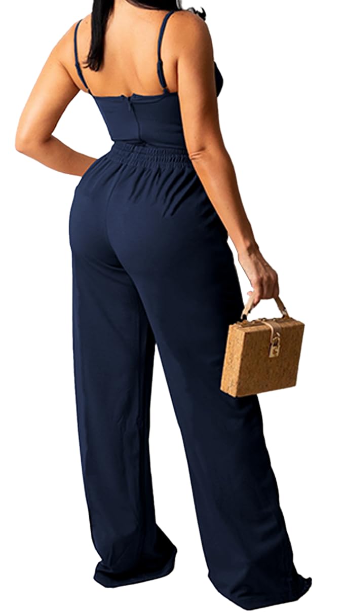 PINSV Women's Casual Wide Leg Pants High Waisted Drawstring Baggy Sweatpants Elastic Straight Leg Lounge Pants Navy Blue XXL - Image 3
