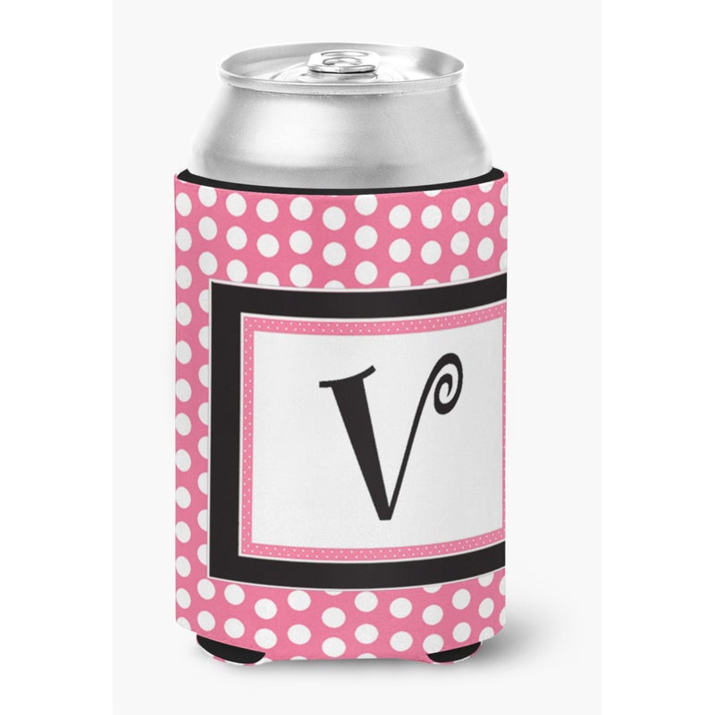 Letter V Initial Monogram - Pink Black Polka Dots Can or Bottle Beverage Insulator Hugger