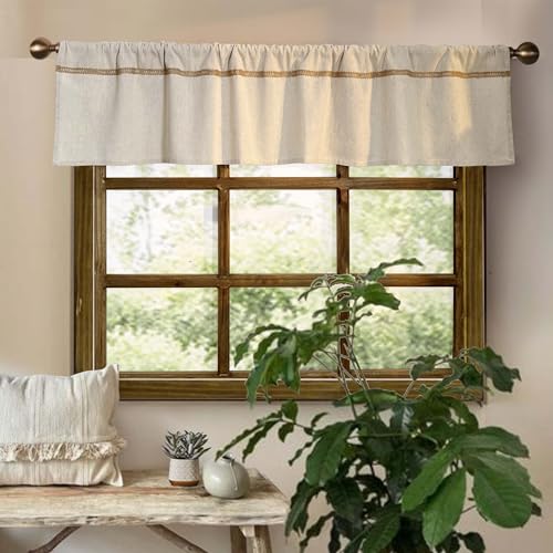 Oindec Cotton Linen Valance for Windows with Burlap Lace Trim Rustic Farmhouse 12 inch Kitchen Valance Rod Pocket Neutral Short Curtain Topper Window Treatment - Image 2