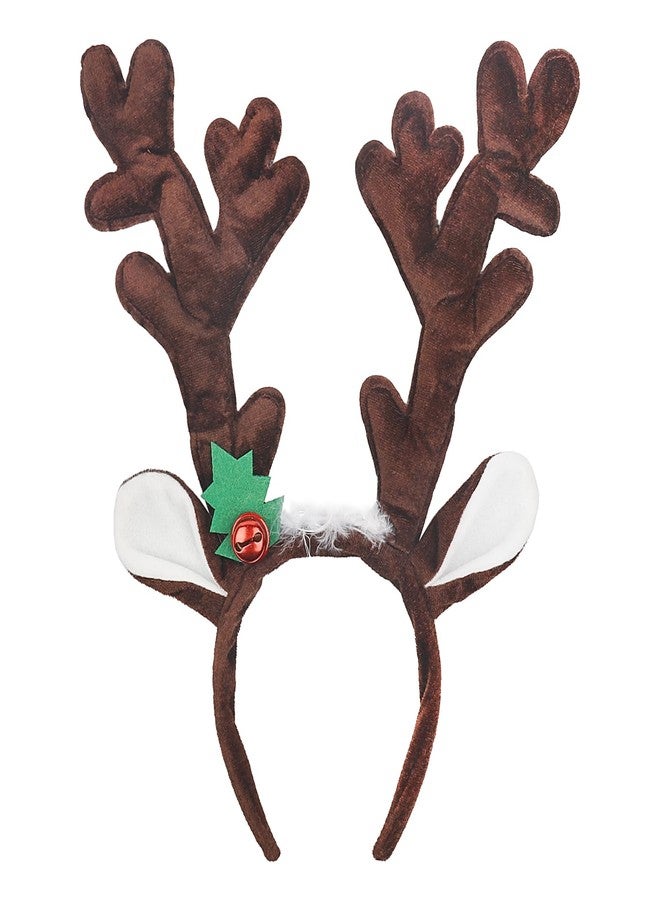 Mangoit Christmas Reindeer Antlers Headband, Deer Antlers Headband with Bells Cute Christmas Reindeer Ears Headband Coffe Elk Hair Hoop Headpiece for Christmas Halloween Party - Image 1