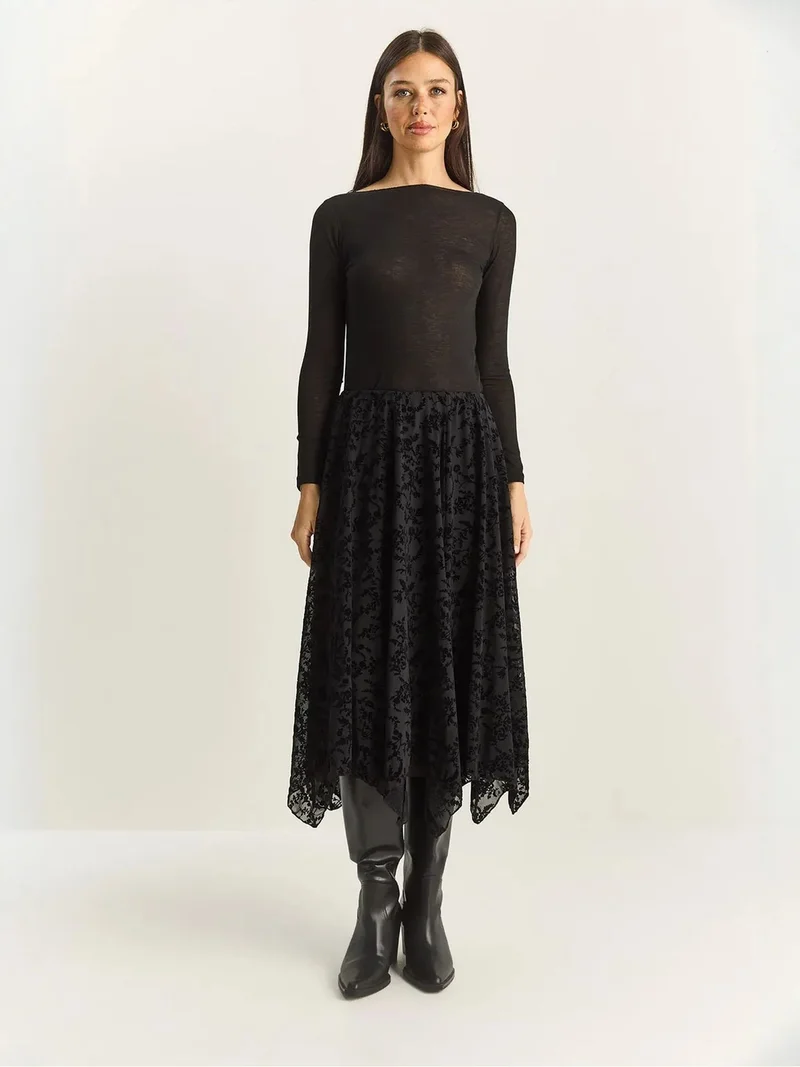 Bianco Lucci LUCCI High Waist Asymmetric Midi Skirt