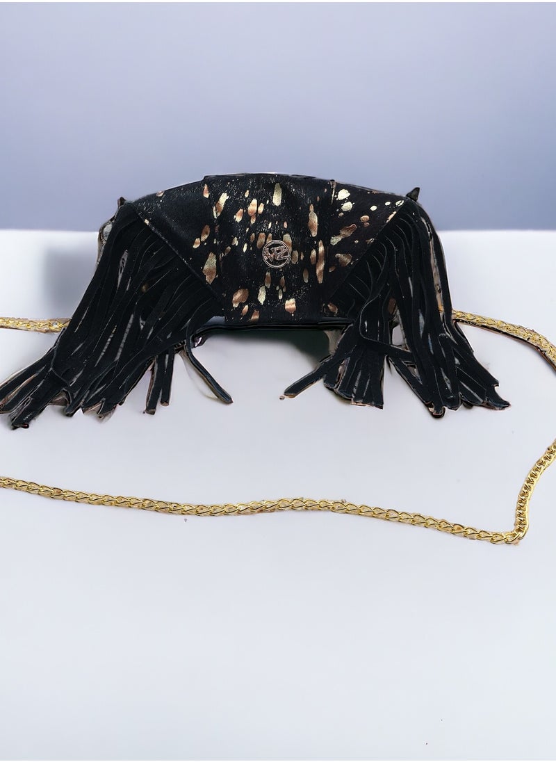 Wear with Zeal - black gold fringes clutch zeal bag, genuine leather, handmade female handbag - Image 1