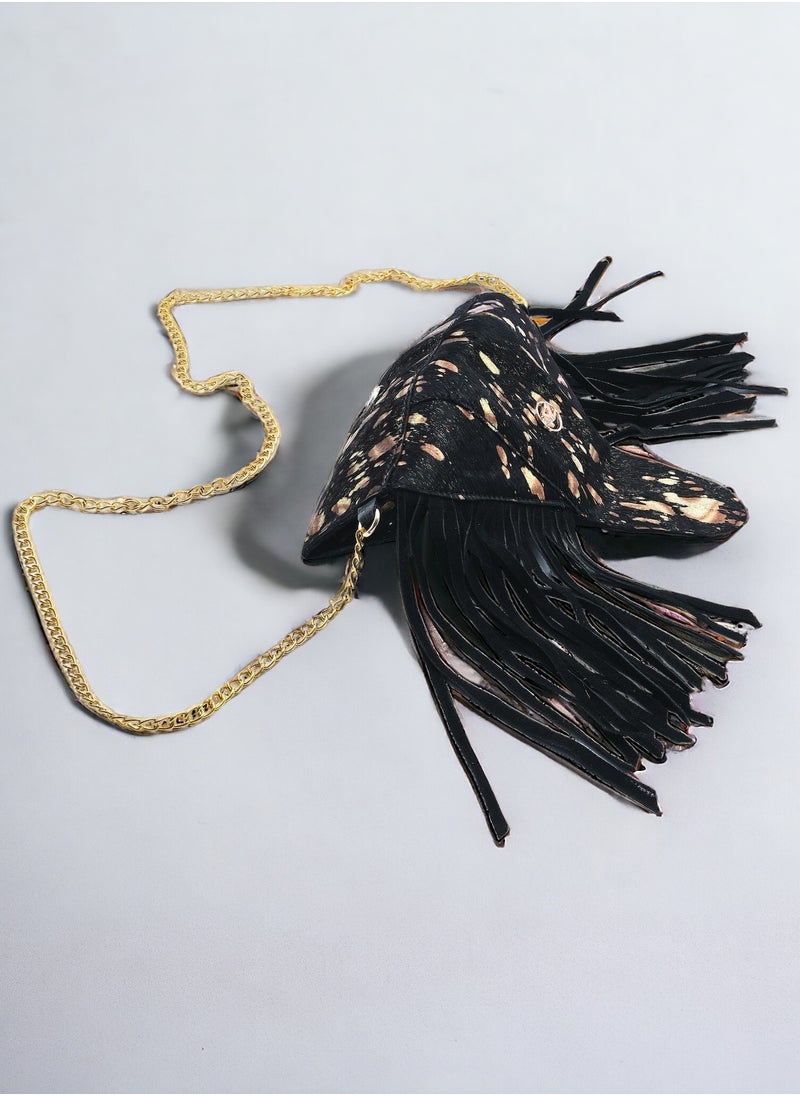 Wear with Zeal - black gold fringes clutch zeal bag, genuine leather, handmade female handbag - Image 1