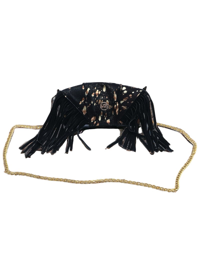 Wear with Zeal - black gold fringes clutch zeal bag, genuine leather, handmade female handbag - Image 1