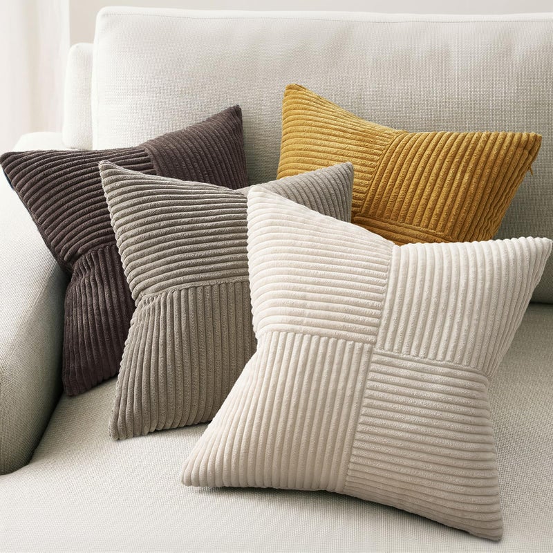Topfinel Gold Brown Vintage Throw Pillow Covers Set of 4,Rustic Warm Velvet Gold Brown Cushion Covers with Corduroy,Soft Accent Pillowcases for Couch,Bed,Living Room Home Decor 18×18 Inch - Image 1