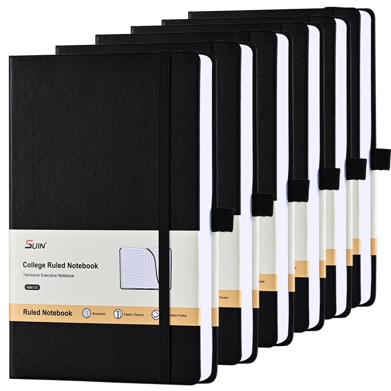SUIN Lined Journal Notebook, Leather Hardcover Journal for Work, School, Travel - College Ruled, 5.5x8.3 Inch, 160 Pages, 100 GSM Paper, Black (Black 6-Pack) - Image 1