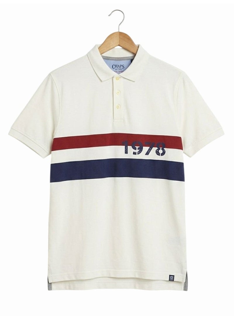 Chaps Men's 100% Cotton Short Sleeve Polo Shirt, White with Stripes - Image 1