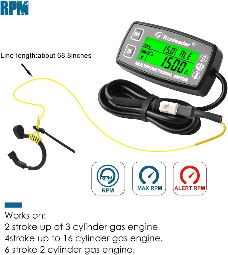 Runleader Digital Tach Hour Meter,Engine Heat Sink Temperature Gauge,Alert RPM & Temp,Backlights Display for Lawn Tractor Compressor Generator Snowmobile Marine Jet Ski Pit Bike (RL-HM035A-TS003) - Image 3