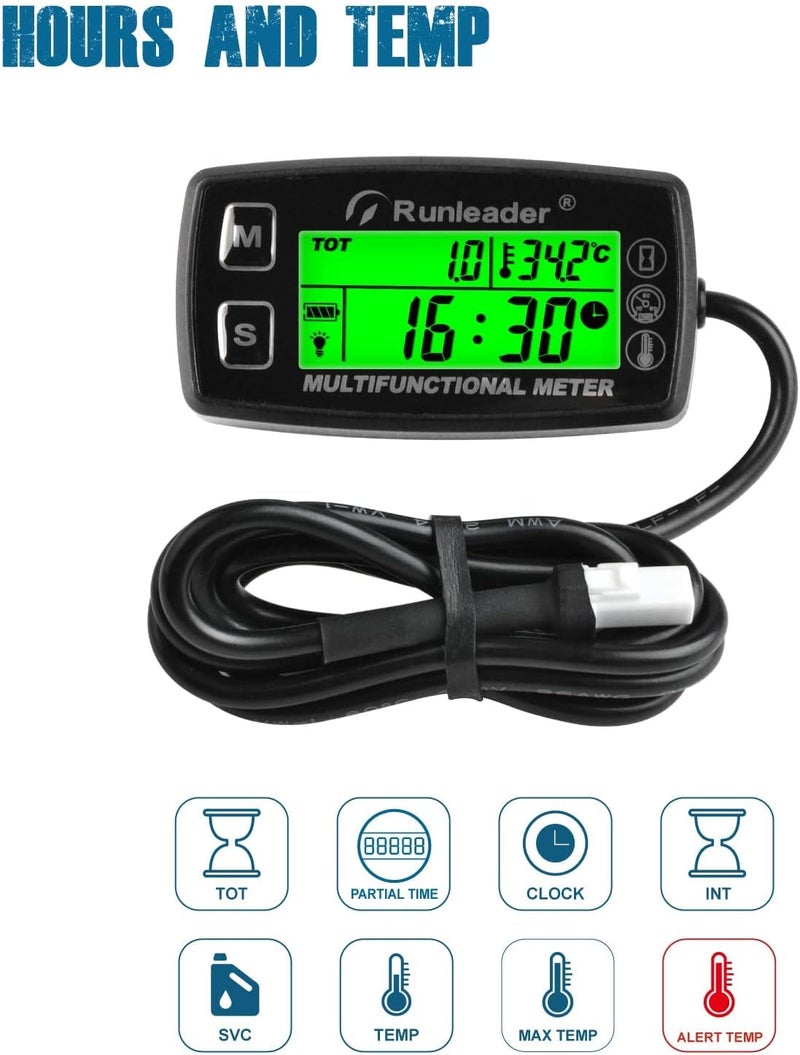 Runleader Digital Tach Hour Meter,Engine Heat Sink Temperature Gauge,Alert RPM & Temp,Backlights Display for Lawn Tractor Compressor Generator Snowmobile Marine Jet Ski Pit Bike (RL-HM035A-TS003) - Image 2