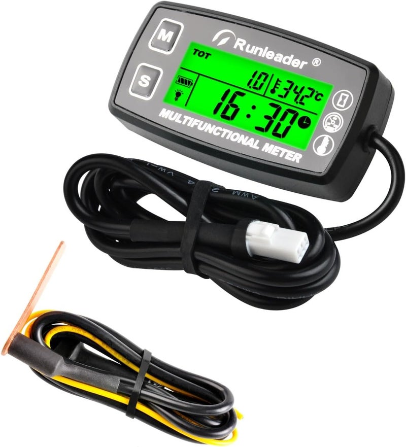 Runleader Digital Tach Hour Meter,Engine Heat Sink Temperature Gauge,Alert RPM & Temp,Backlights Display for Lawn Tractor Compressor Generator Snowmobile Marine Jet Ski Pit Bike (RL-HM035A-TS003) - Image 1