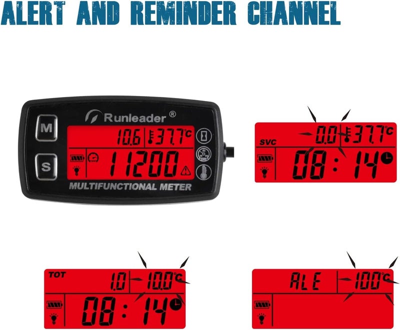 Runleader Digital Tach Hour Meter,Engine Heat Sink Temperature Gauge,Alert RPM & Temp,Backlights Display for Lawn Tractor Compressor Generator Snowmobile Marine Jet Ski Pit Bike (RL-HM035A-TS003) - Image 5