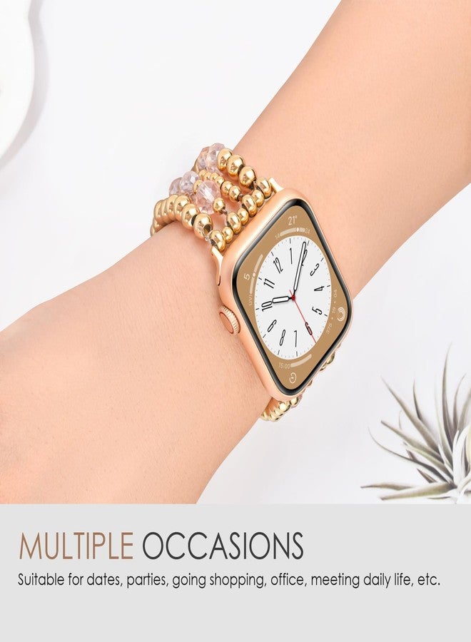 أساور AIRSPO الذهبية المزينة بالخرز متوافقة مع ساعات Apple Watch بمقاسات 38 مم، 40 مم، 41 مم، 42 مم، 44 مم، 45 مم للنساء، أساور أنيقة مصنوعة يدويًا لساعات iPhone، حزام مطاطي لسلسلة iWatch SE 8 7 6 5 4 3 2 1 (وردي) - Image 4