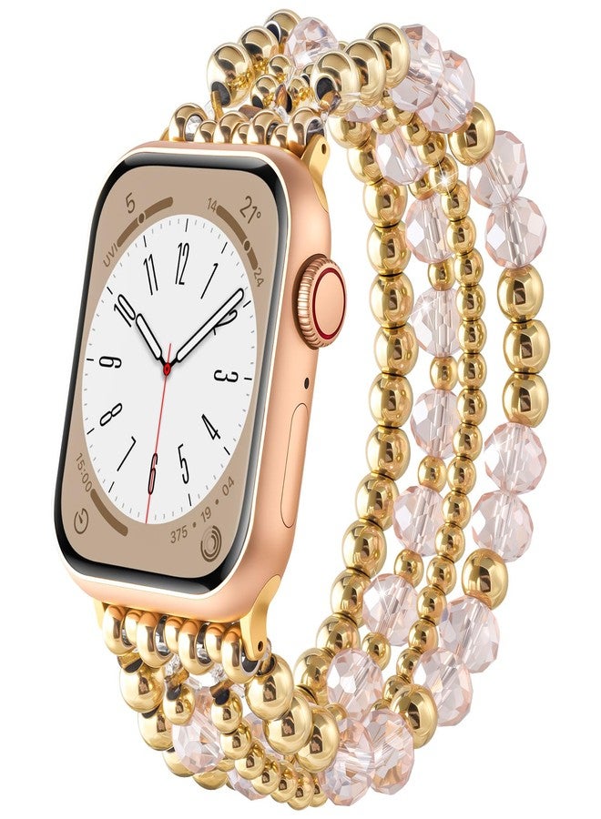 أساور AIRSPO الذهبية المزينة بالخرز متوافقة مع ساعات Apple Watch بمقاسات 38 مم، 40 مم، 41 مم، 42 مم، 44 مم، 45 مم للنساء، أساور أنيقة مصنوعة يدويًا لساعات iPhone، حزام مطاطي لسلسلة iWatch SE 8 7 6 5 4 3 2 1 (وردي) - Image 1