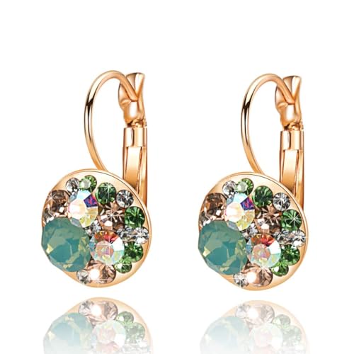 EVEVIC Multicolored Austrian Crystal Earrings for Women 14K Gold Plated Leverback Dangle Hoop Earrings (Green Opal+Aurora Borealis Crystal) - Image 1