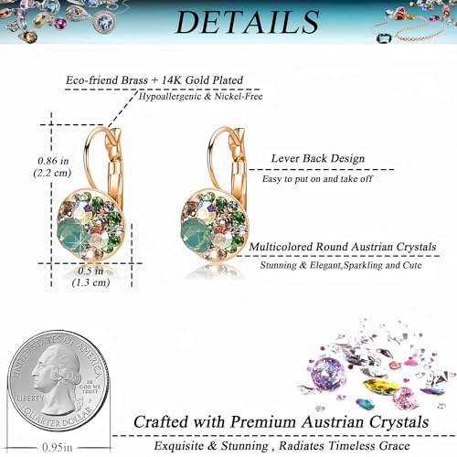 EVEVIC Multicolored Austrian Crystal Earrings for Women 14K Gold Plated Leverback Dangle Hoop Earrings (Green Opal+Aurora Borealis Crystal) - Image 4