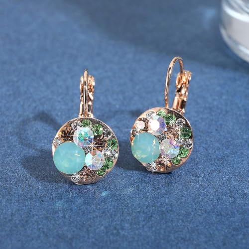 EVEVIC Multicolored Austrian Crystal Earrings for Women 14K Gold Plated Leverback Dangle Hoop Earrings (Green Opal+Aurora Borealis Crystal) - Image 3