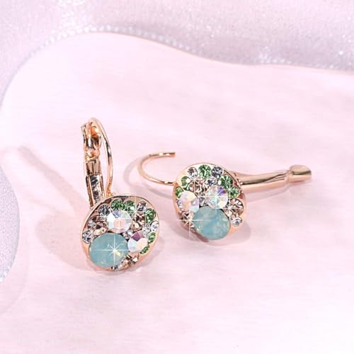 EVEVIC Multicolored Austrian Crystal Earrings for Women 14K Gold Plated Leverback Dangle Hoop Earrings (Green Opal+Aurora Borealis Crystal) - Image 5