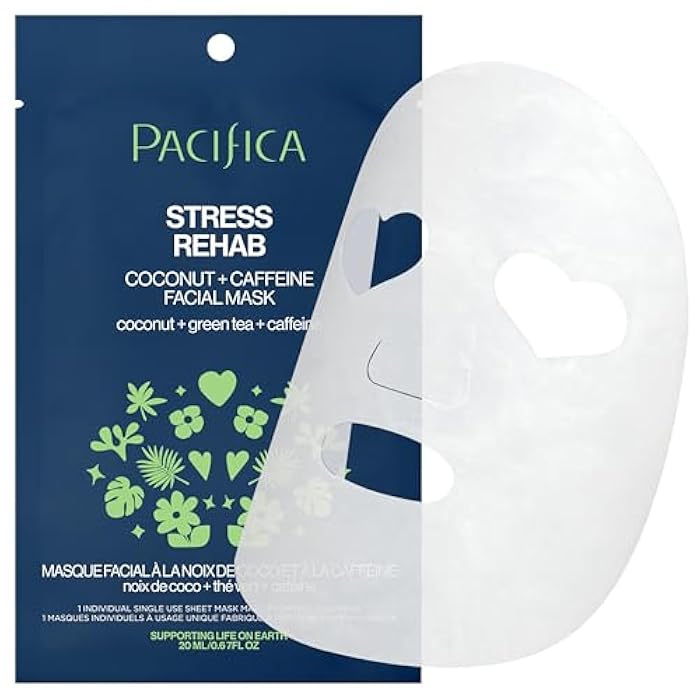 Pacifica Sheet Mask - Stress Rehab Coconut & Caffeine Facial Mask - 6-PACK De-Stress Sheet Mask for Redness & Puffiness Relief, Infused w/Green Tea, Turmeric & Hyaluronic Acid Cruelty-Free Skincare - Image 2