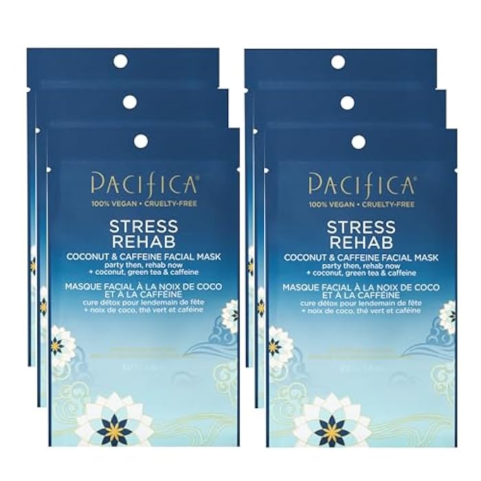 Pacifica Sheet Mask - Stress Rehab Coconut & Caffeine Facial Mask - 6-PACK De-Stress Sheet Mask for Redness & Puffiness Relief, Infused w/Green Tea, Turmeric & Hyaluronic Acid Cruelty-Free Skincare - Image 1