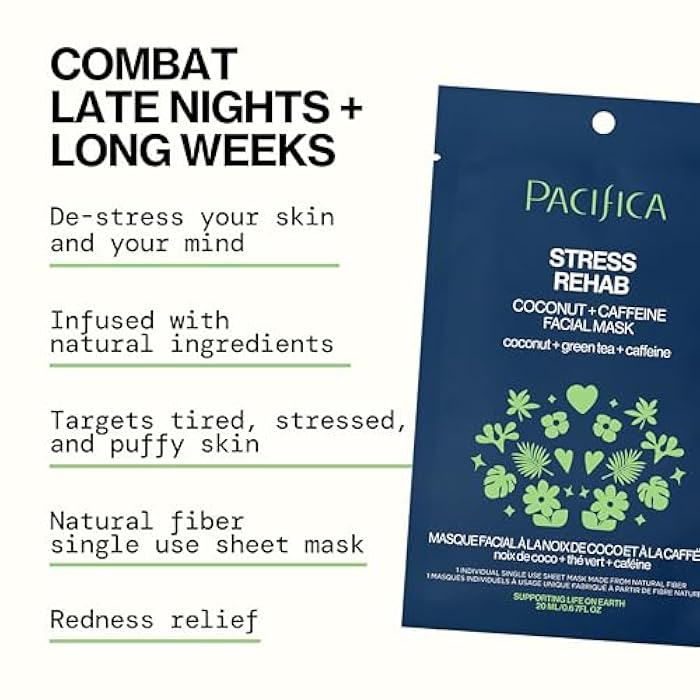 Pacifica Sheet Mask - Stress Rehab Coconut & Caffeine Facial Mask - 6-PACK De-Stress Sheet Mask for Redness & Puffiness Relief, Infused w/Green Tea, Turmeric & Hyaluronic Acid Cruelty-Free Skincare - Image 5
