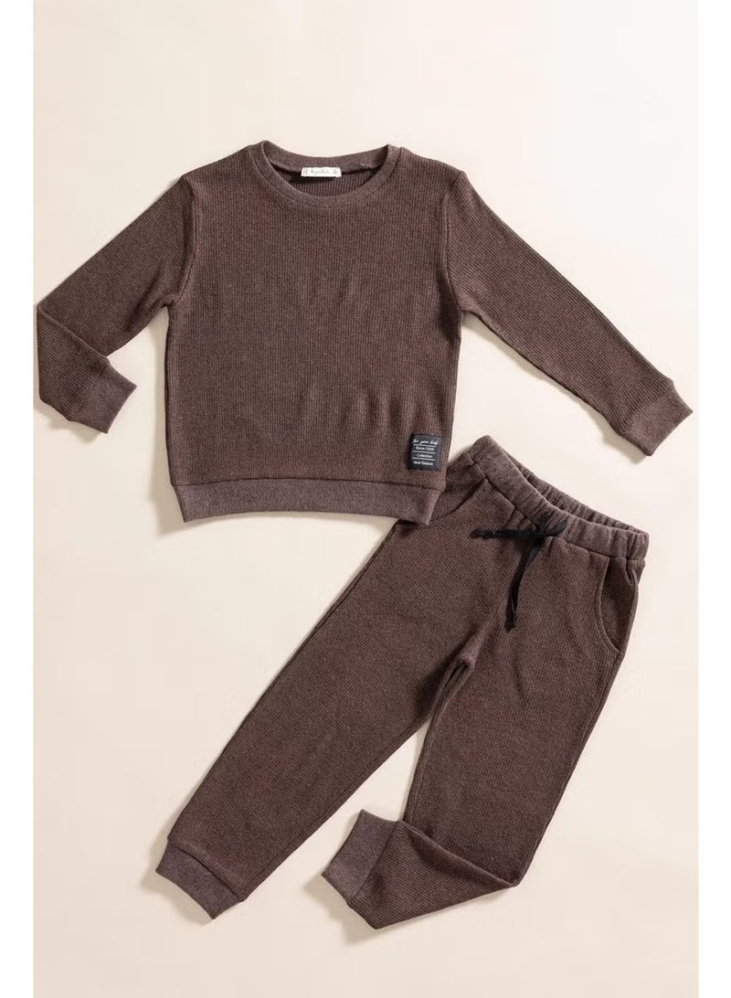 2-Piece Cotton Waffle Sweat Jogger Brown Bottom Top Set - Image 1