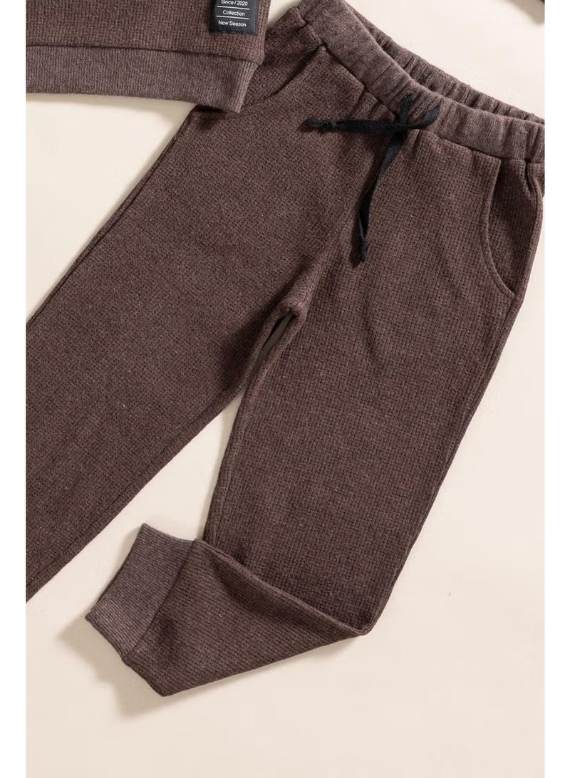 2-Piece Cotton Waffle Sweat Jogger Brown Bottom Top Set - Image 3
