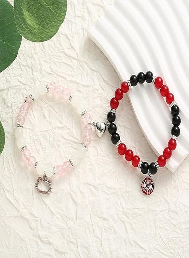 SUPER SOFTENER SUPERSOFTNER Magnetic Bracelets 2Pcs Love Heart Matching Spidermen Beads Bracelet Set Adjustable Bracelets for Men Women Couples Friends Gift Friendship - (Pack of 2) - Image 2