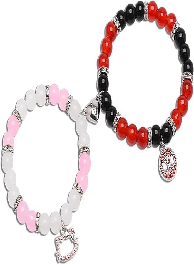 SUPER SOFTENER SUPERSOFTNER Magnetic Bracelets 2Pcs Love Heart Matching Spidermen Beads Bracelet Set Adjustable Bracelets for Men Women Couples Friends Gift Friendship - (Pack of 2) - Image 1