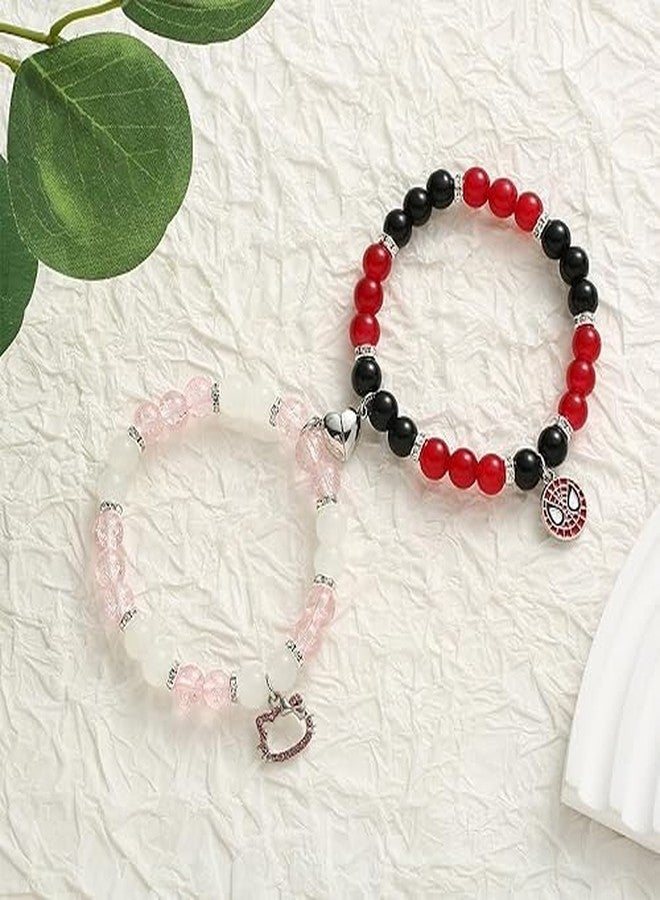 SUPER SOFTENER SUPERSOFTNER Magnetic Bracelets 2Pcs Love Heart Matching Spidermen Beads Bracelet Set Adjustable Bracelets for Men Women Couples Friends Gift Friendship - (Pack of 2) - Image 3