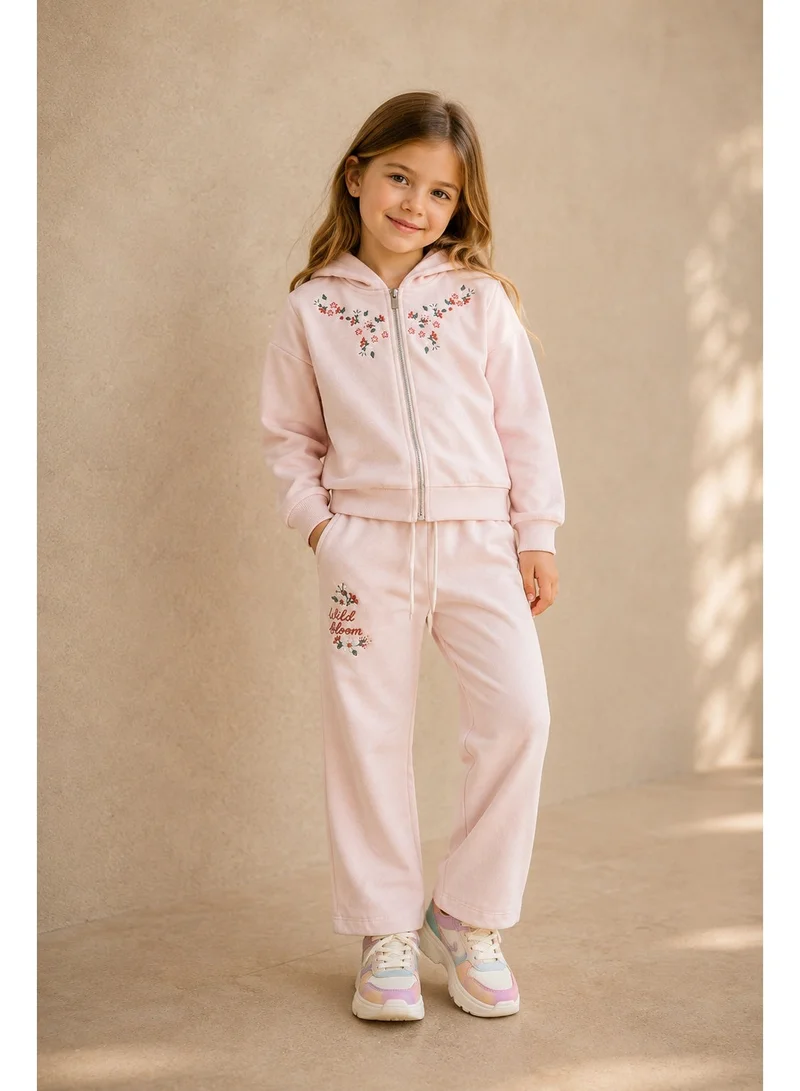 فكتور اند جين Girls Floral Detail Full Zip Sweatshirt Hoodie and Wide Leg Pants Set