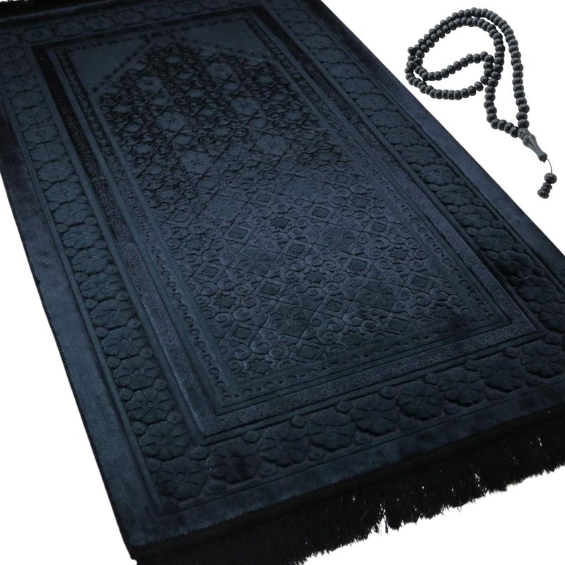 Modefa Velvet Prayer Rug - Soft Plush Turkish Janamaz Sajada Carpet for Men and Women - Plain Solid Prayer Mat Ramadan Eid Gift - with Prayer Beads - Luxury Floral Stamp (Black) - Image 1
