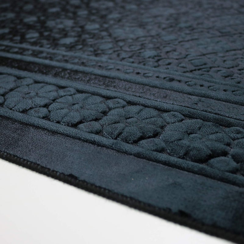 Modefa Velvet Prayer Rug - Soft Plush Turkish Janamaz Sajada Carpet for Men and Women - Plain Solid Prayer Mat Ramadan Eid Gift - with Prayer Beads - Luxury Floral Stamp (Black) - Image 2