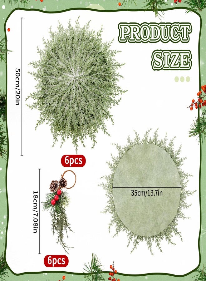 Vynium 6 Set Christmas Table Placement Including Napkin Ring, 20 Inch Large Artificial Greenery Placemats, Round Cedar Branch Place Mat Christmas Dining Table Decor for Xmas Holiday Party(Powder Snow) - Image 2