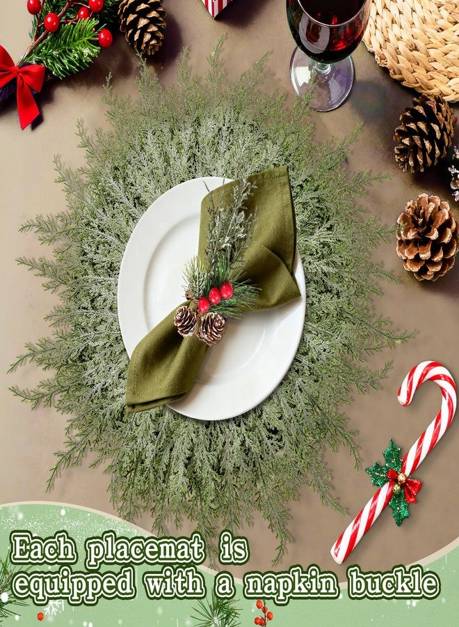 Vynium 6 Set Christmas Table Placement Including Napkin Ring, 20 Inch Large Artificial Greenery Placemats, Round Cedar Branch Place Mat Christmas Dining Table Decor for Xmas Holiday Party(Powder Snow) - Image 4